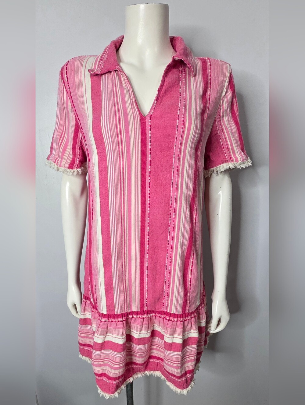 100% Cotton Pink Striped Collared Tunic Dress With Ruffle Hem
